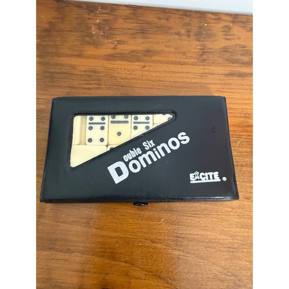 VTG Excite Double Six Dominoes Set 28 Ivory Tiles Black Vinyl Snap Case No. 655